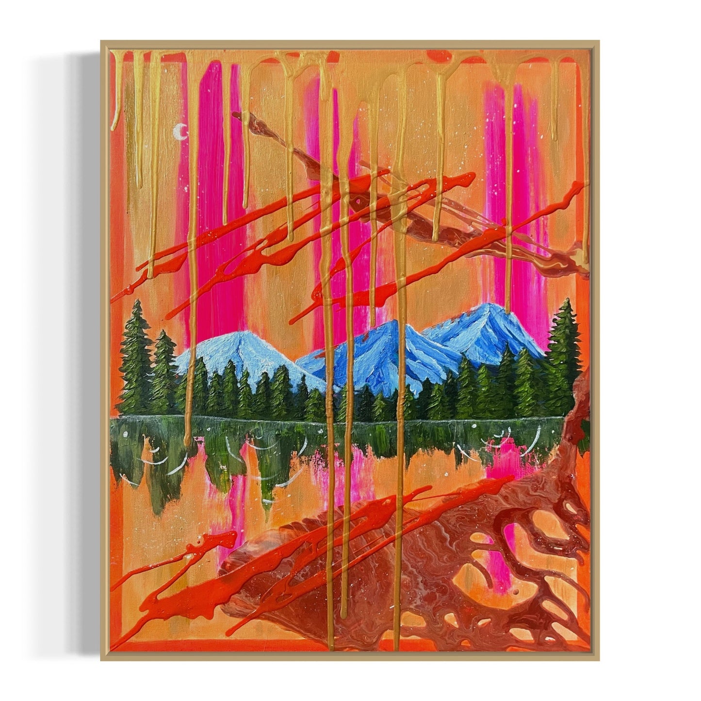 Abstract painting with colorful landscape elements with gold dripping down