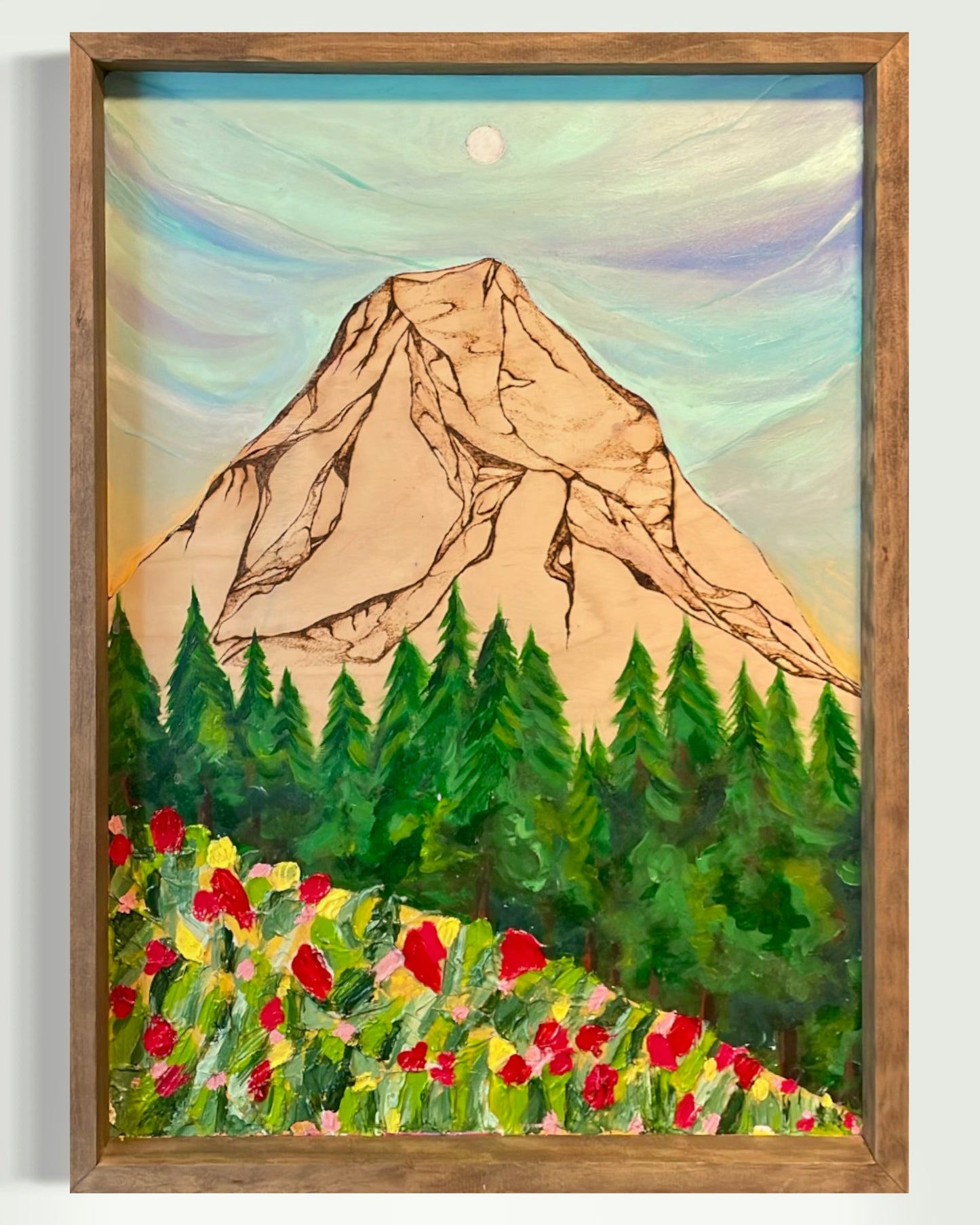 mt rainier wood burn original painting