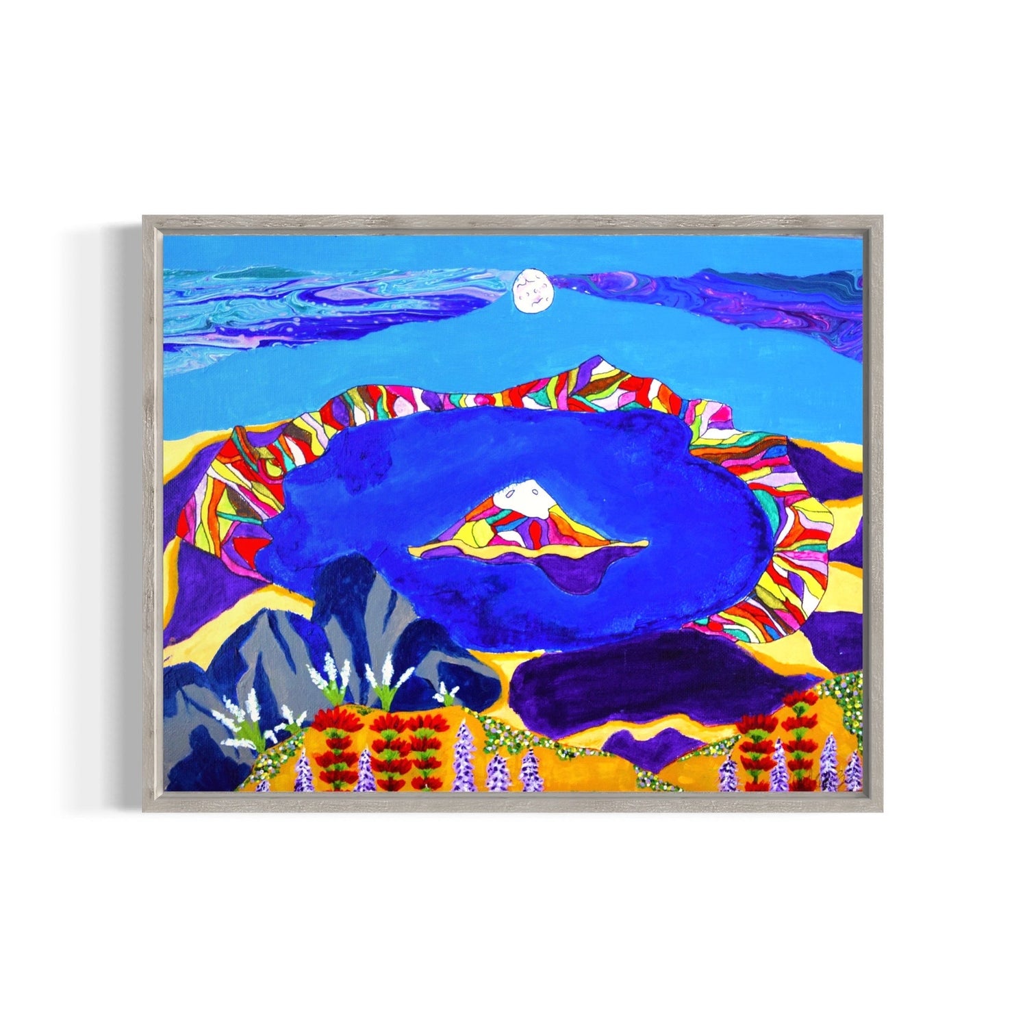 painting of crater lake in bright colors