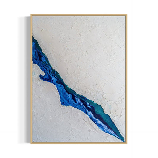 Abstract art piece with blue and green colors on a textured white background