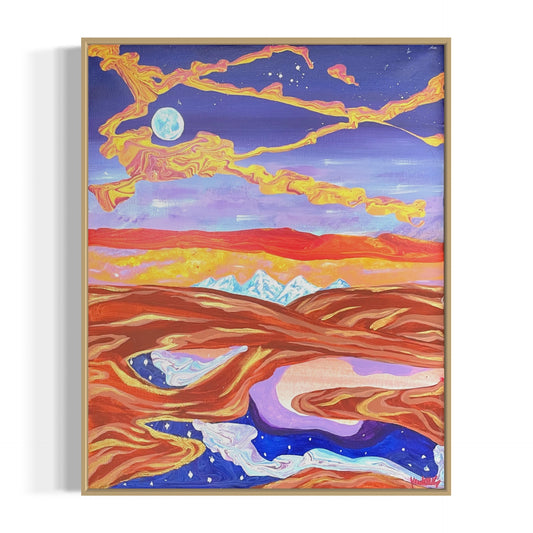 Colorful abstract landscape painting with a colorful sky and moon