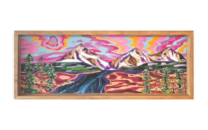 colorful mountain wood burn painting