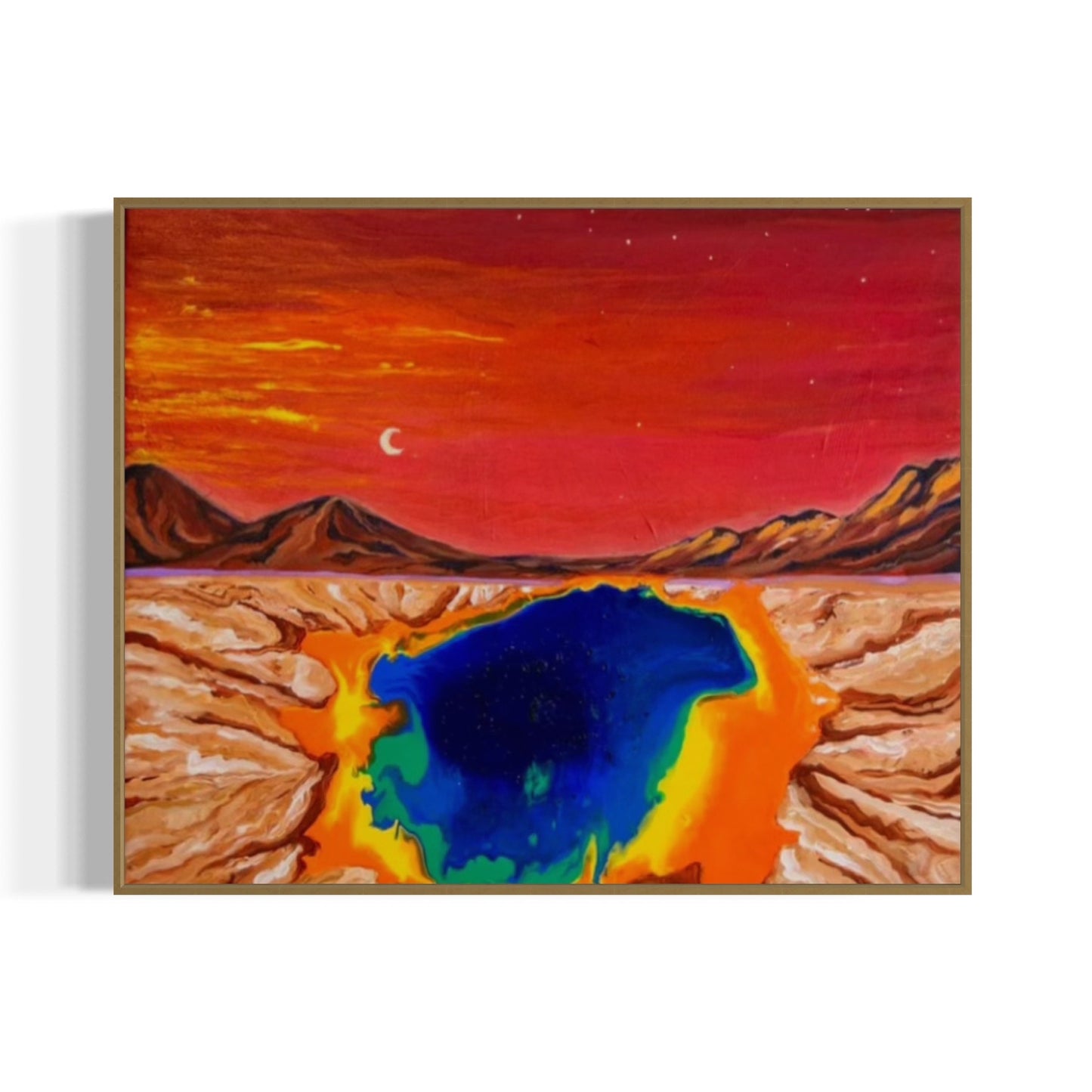Artistic depiction of a desert landscape with a large blue pool, framed in wood.