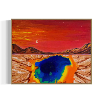 Artistic depiction of a desert landscape with a large blue pool, framed in wood.