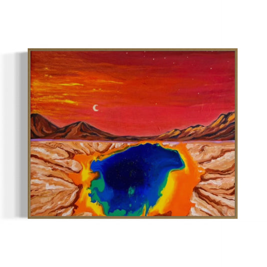 Artistic depiction of a desert landscape with a large blue pool, framed in wood.