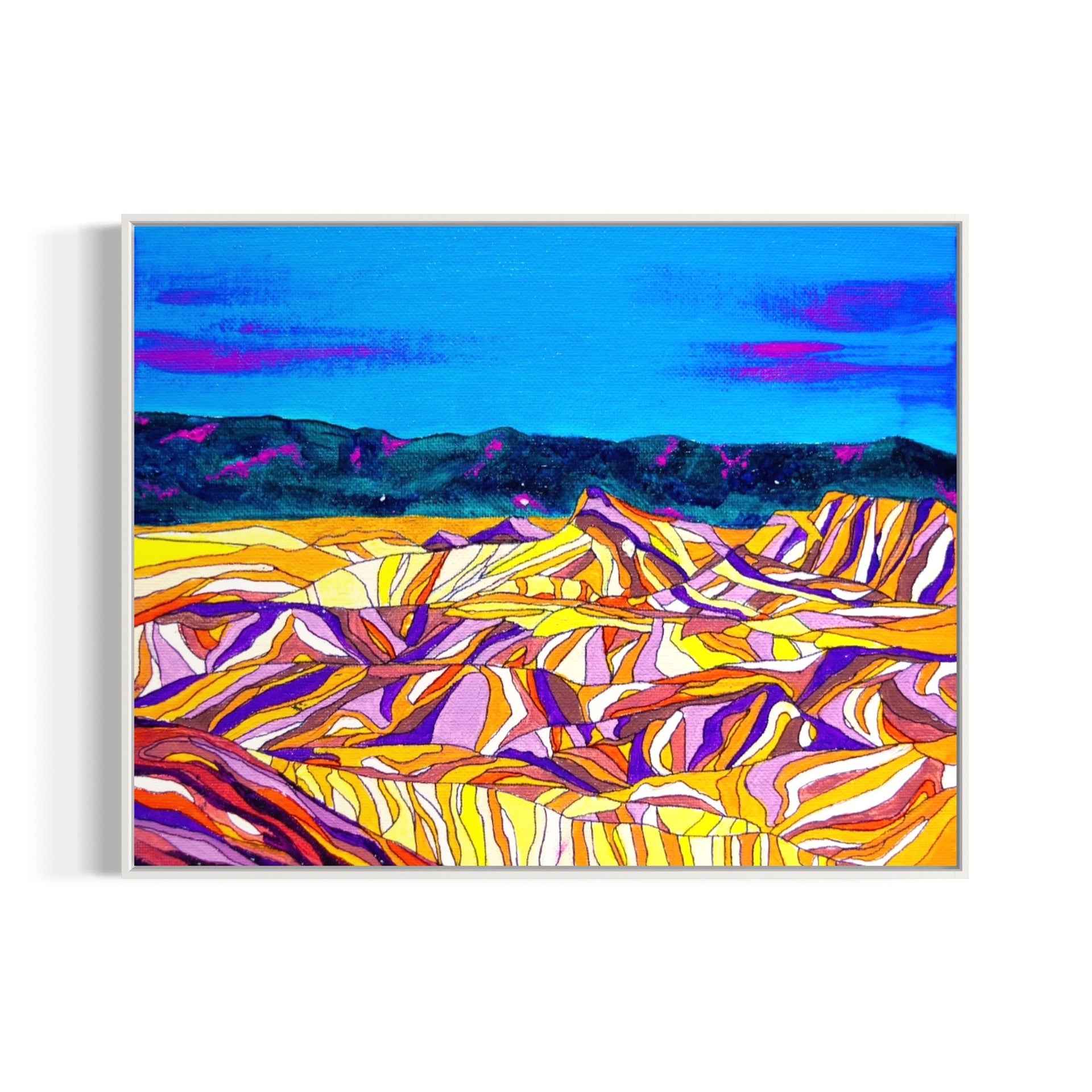 Colorful abstract landscape painting with wavy patterns and a blue sky.
