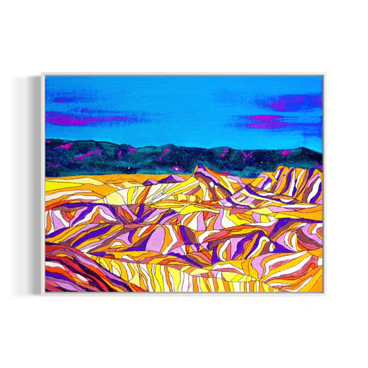 Colorful abstract landscape painting with wavy patterns and a blue sky.