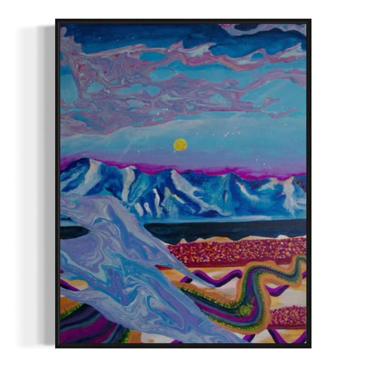 Framed abstract artwork with colorful landscape and moon