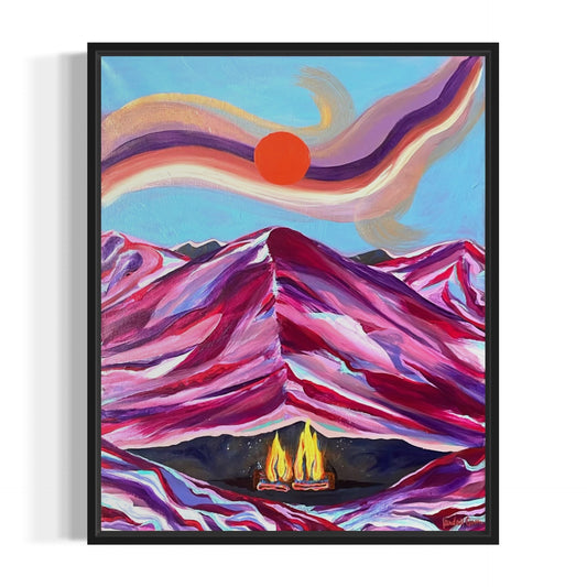 Colorful abstract painting of mountains and a sunset with a black frame.