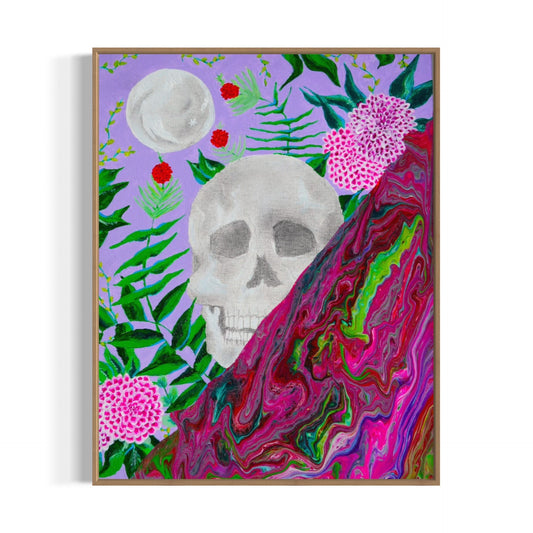 Framed artwork with a skull and floral design on a purple background