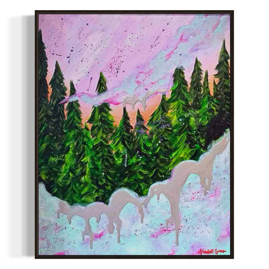 Framed artwork of unicorns in a forest with a colorful sky.