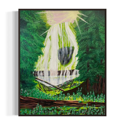 Framed artwork of a waterfall surrounded by greenery