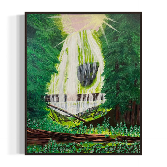 Framed artwork of a waterfall surrounded by greenery