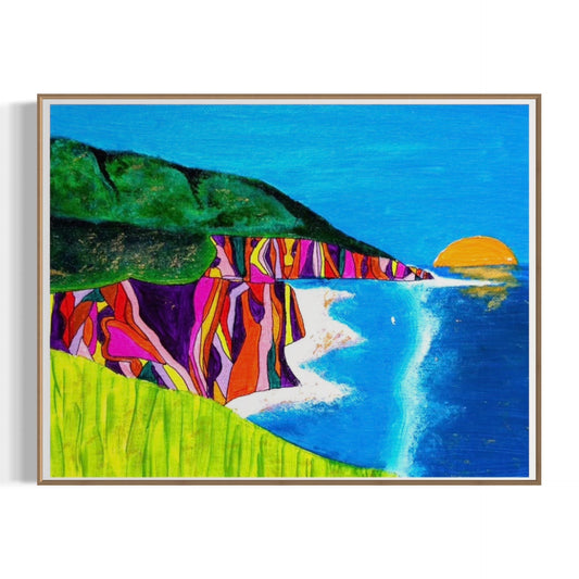 Colorful abstract landscape painting with a beach and mountains.