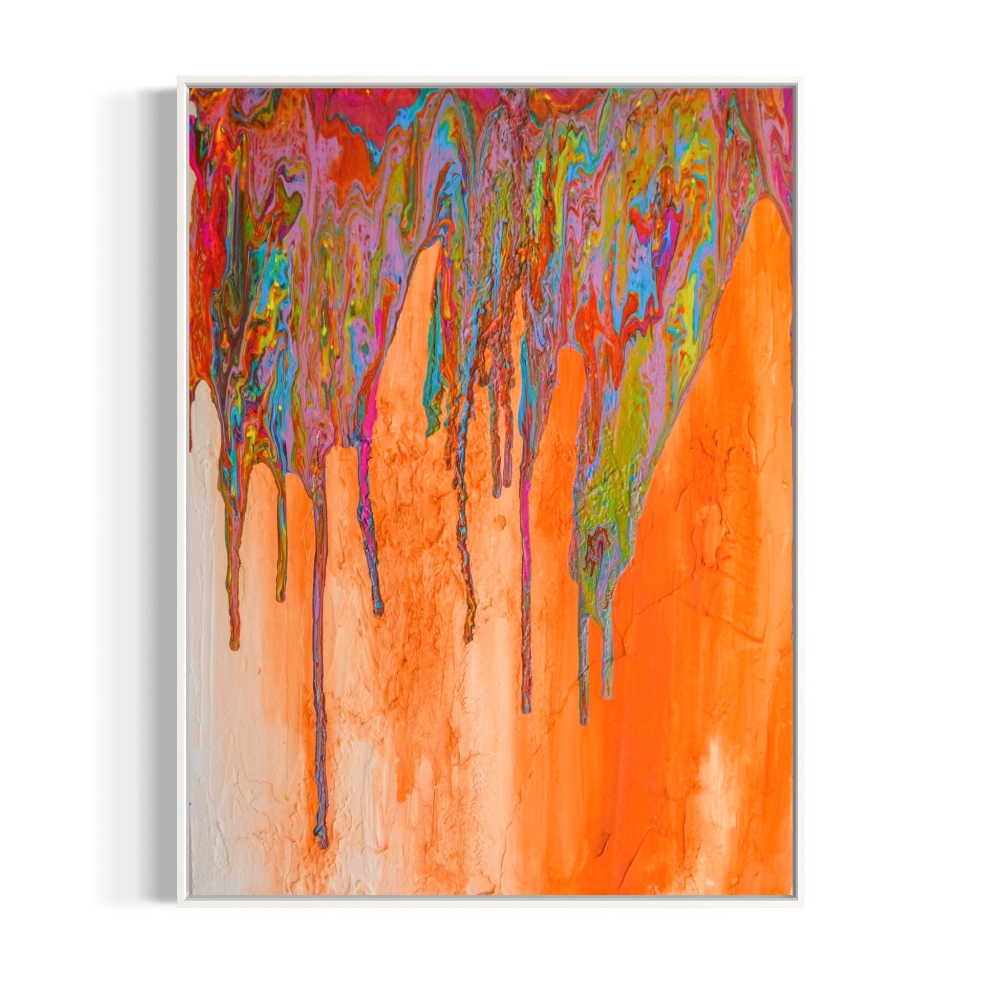Abstract art piece with vibrant colors textured surface with orange and pink.