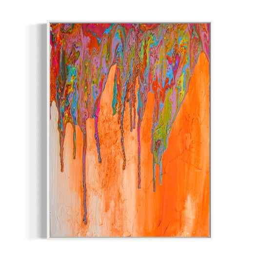 Abstract art piece with vibrant colors textured surface with orange and pink.