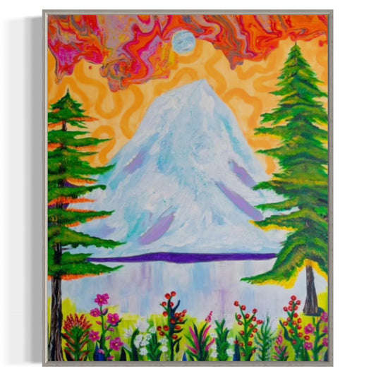 Colorful painting of a mountain with trees and flowers