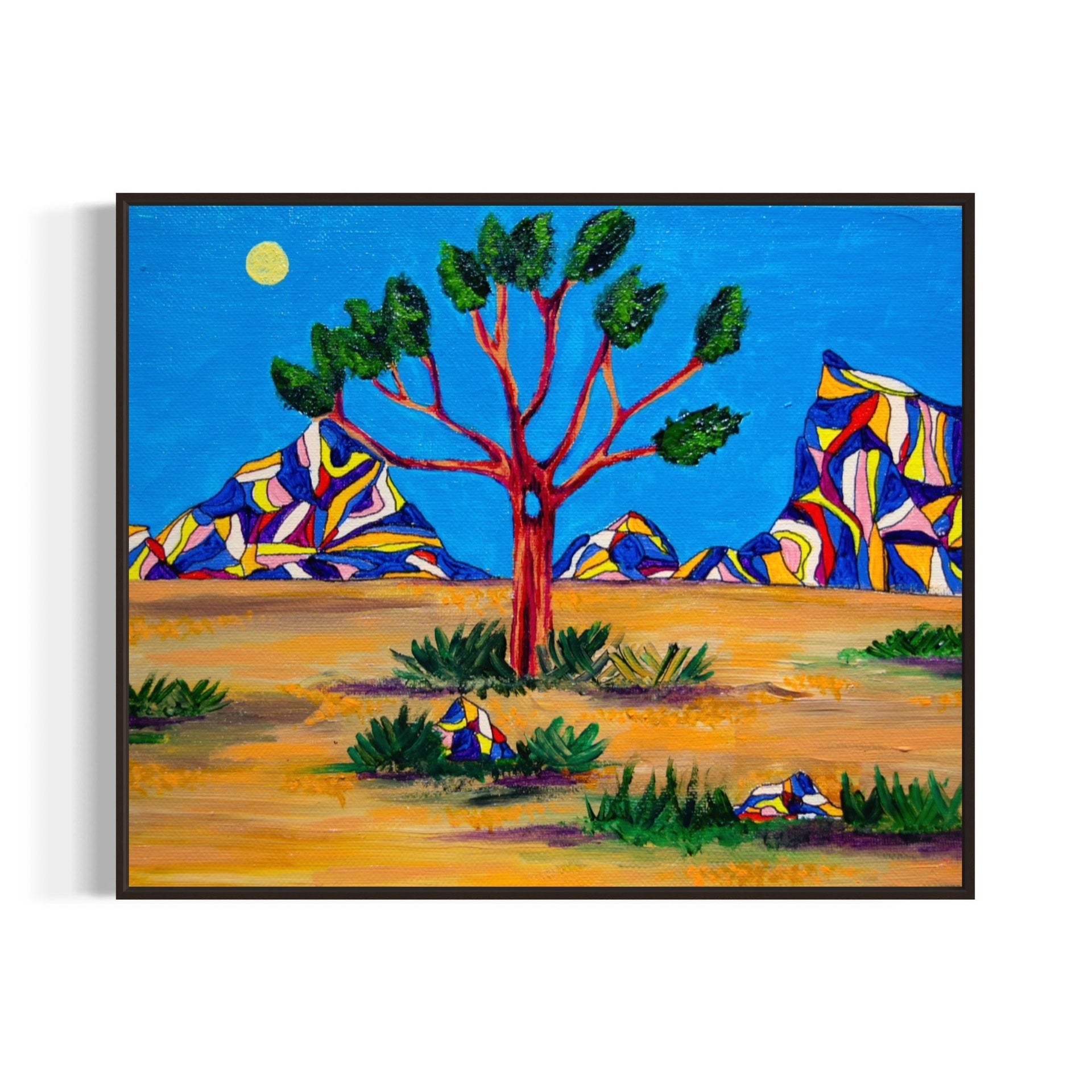 Colorful abstract landscape painting with trees and geometric shapes.