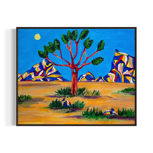 Colorful abstract landscape painting with trees and geometric shapes.