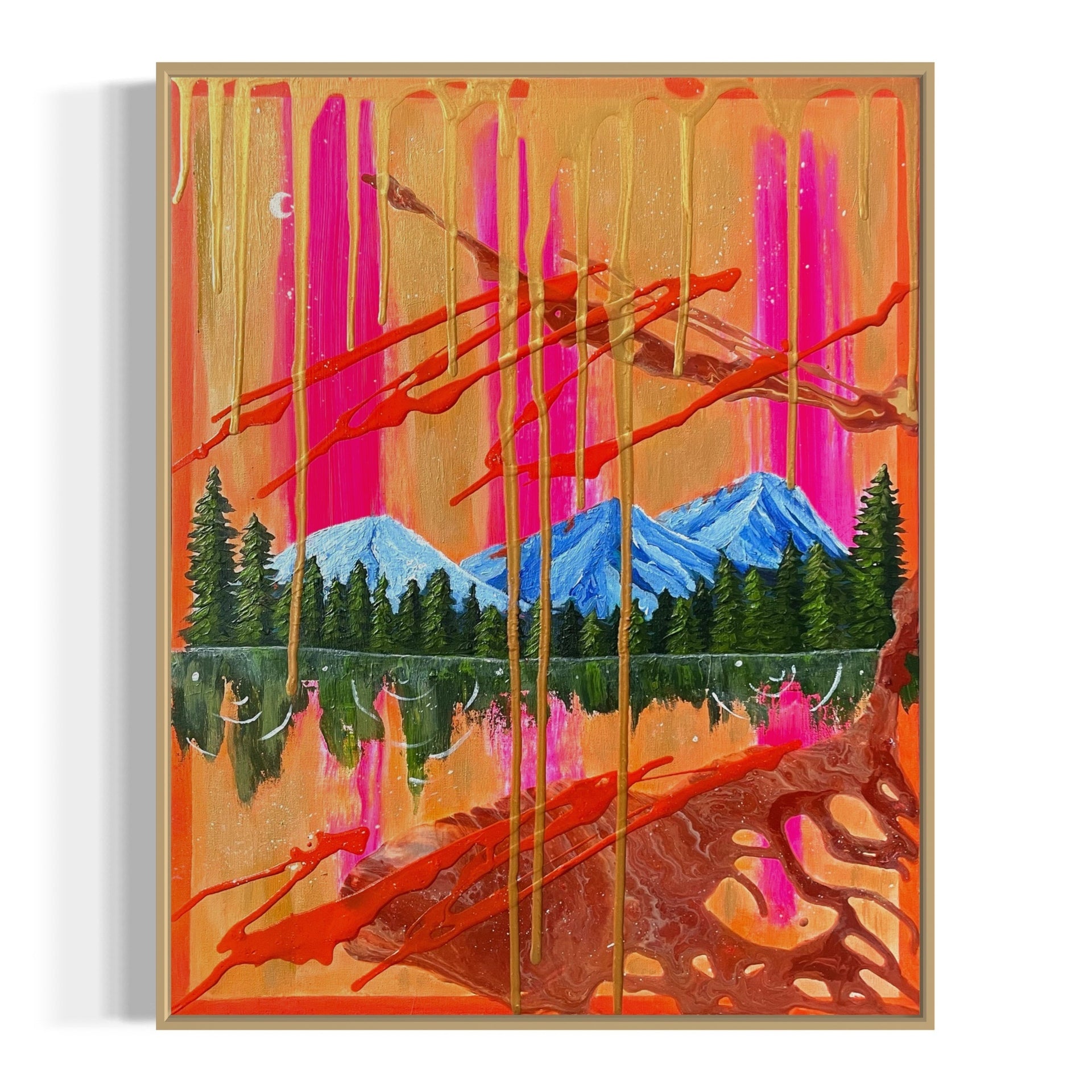 Abstract painting with colorful landscape elements with gold dripping down