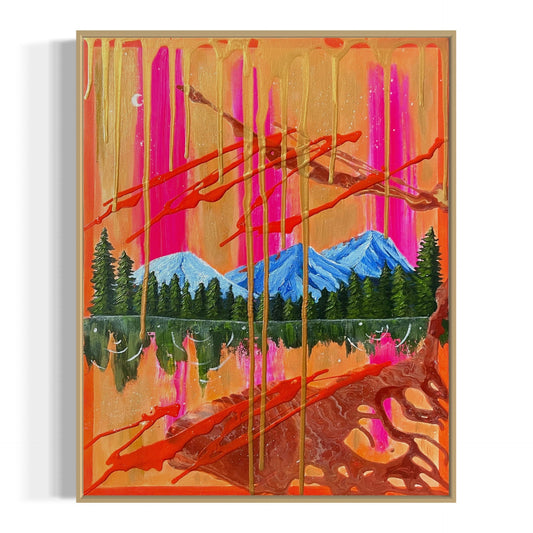 Abstract painting with colorful landscape elements with gold dripping down