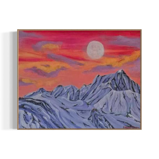 Painting of mountains under a vibrant sunset sky with a full moon.