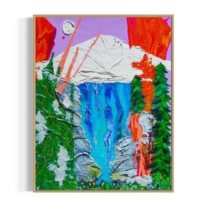 Colorful abstract painting of a mountain and waterfall with a purple background