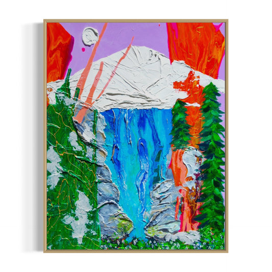 Colorful abstract painting of a mountain and waterfall with a purple background