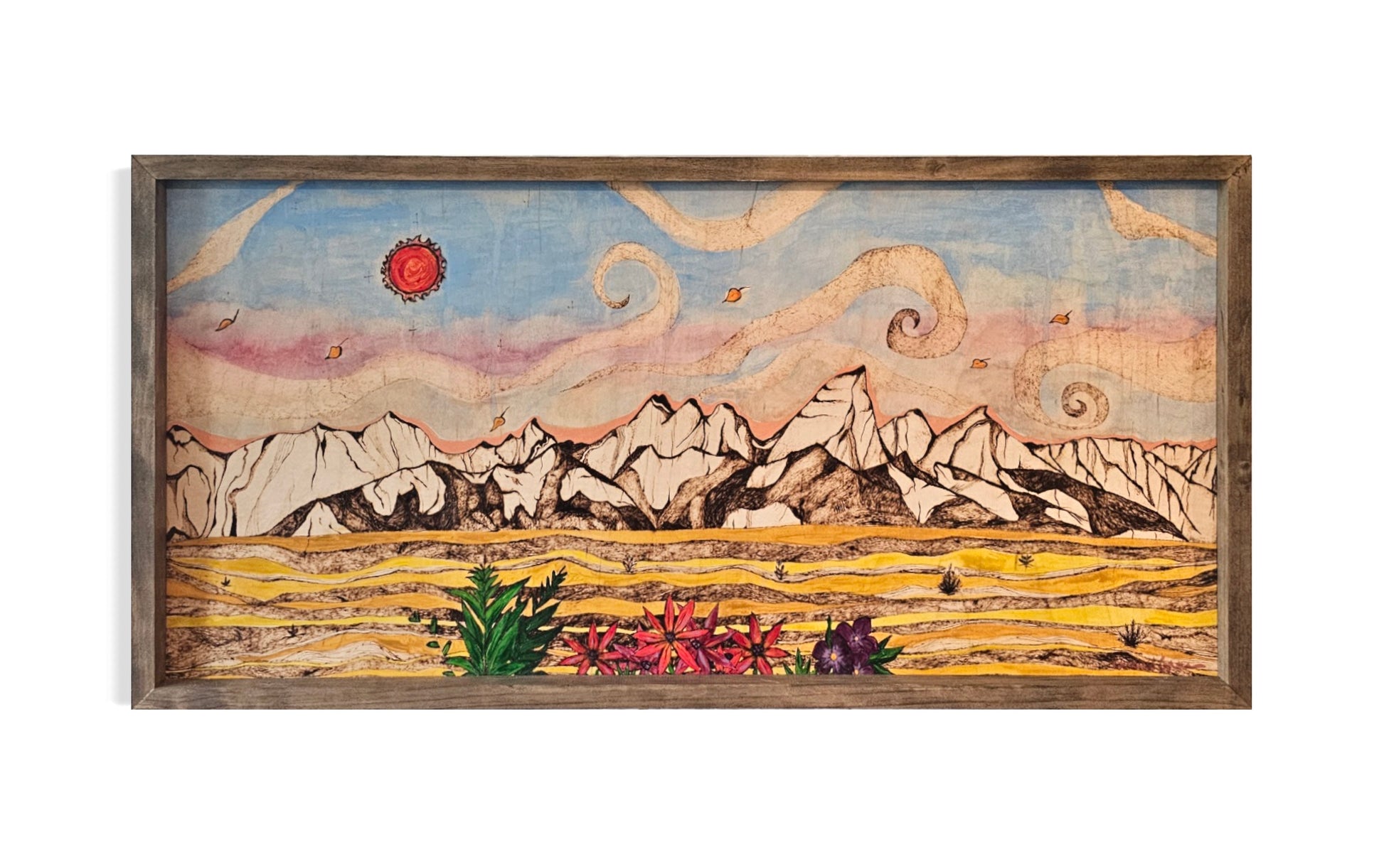 mountain landscape wood burn painting