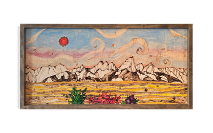 mountain landscape wood burn painting