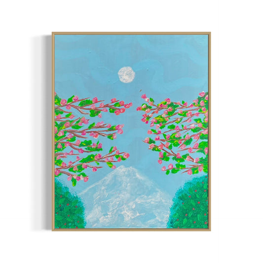 cherry blossom floral art print mountain in background