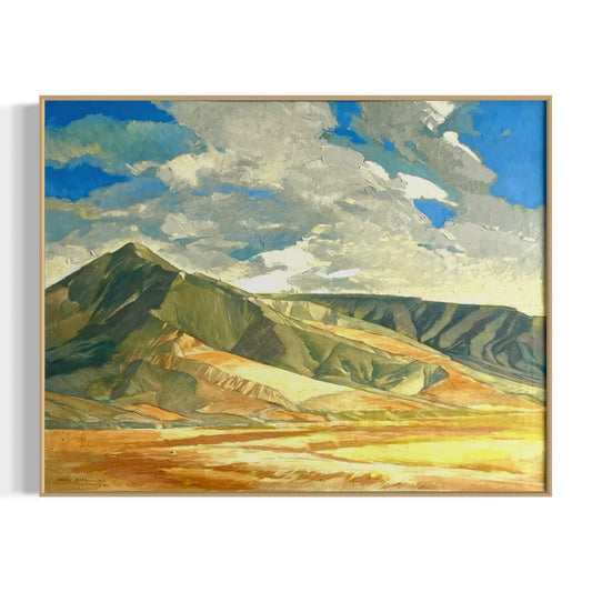 Painting of a landscape with mountains and sky
