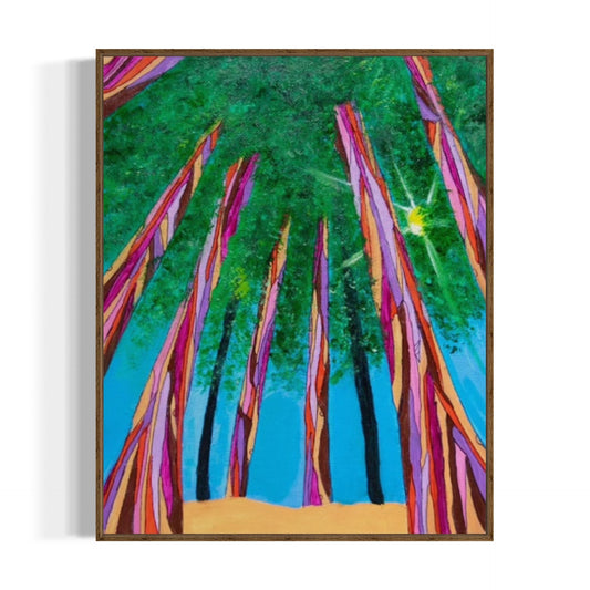 Framed artwork of colorful trees against a blue sky