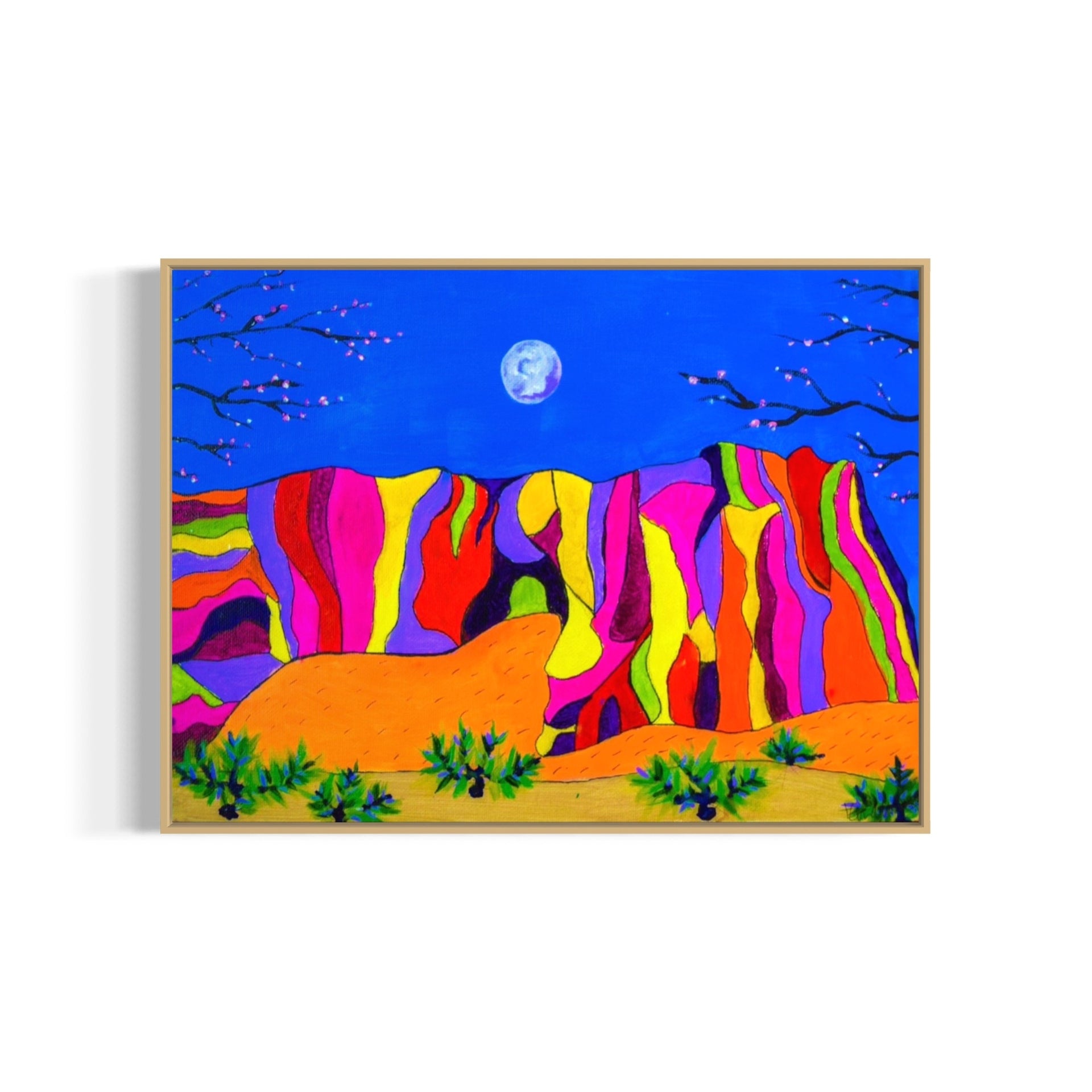 Colorful abstract landscape with a moonlit sky and orange shapes on a white background