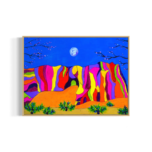 Colorful abstract landscape with a moonlit sky and orange shapes on a white background