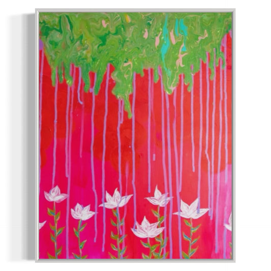 Abstract art piece with green drips, pink background, and white flowers.