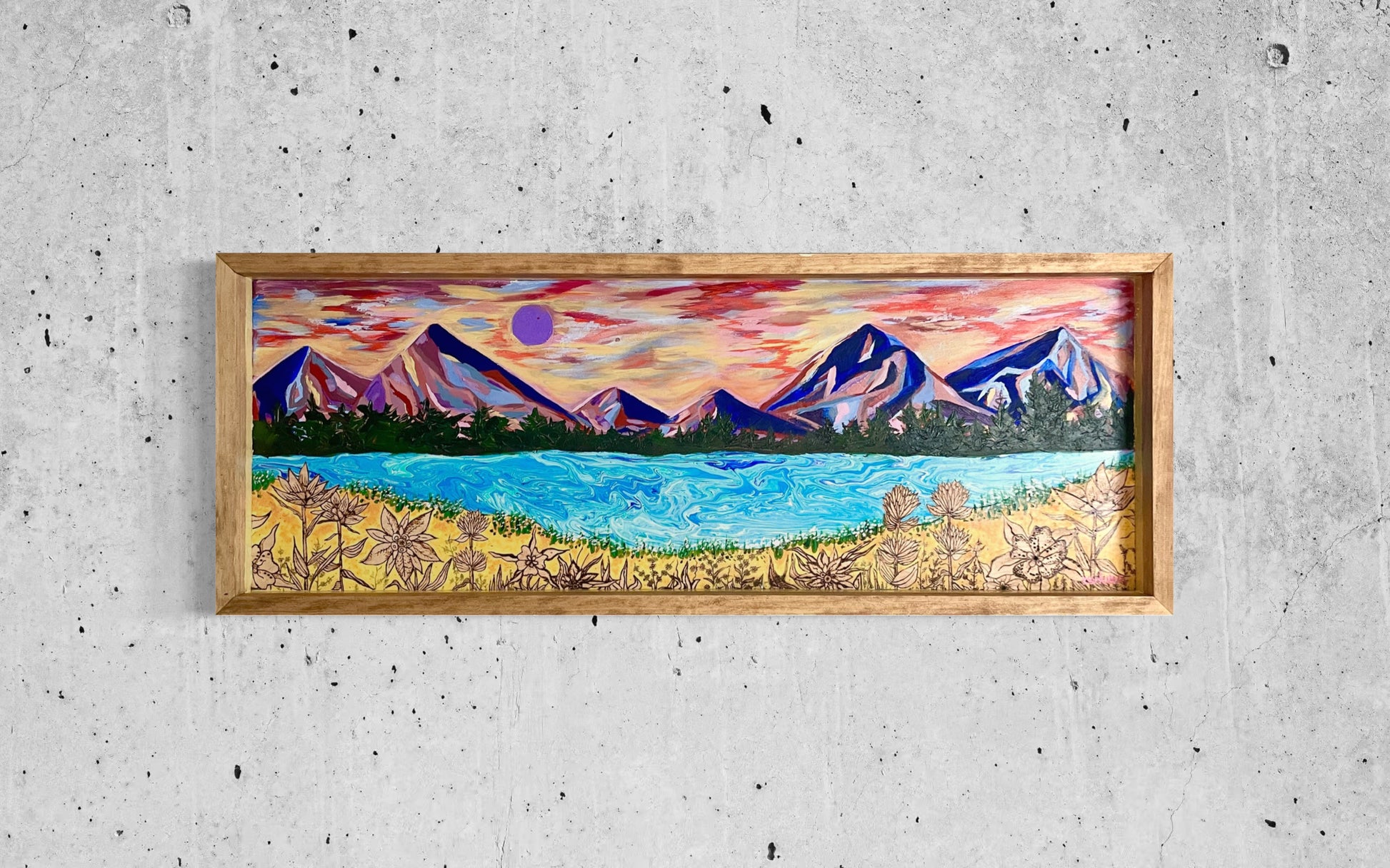 wood burned original of flowers and mountains
