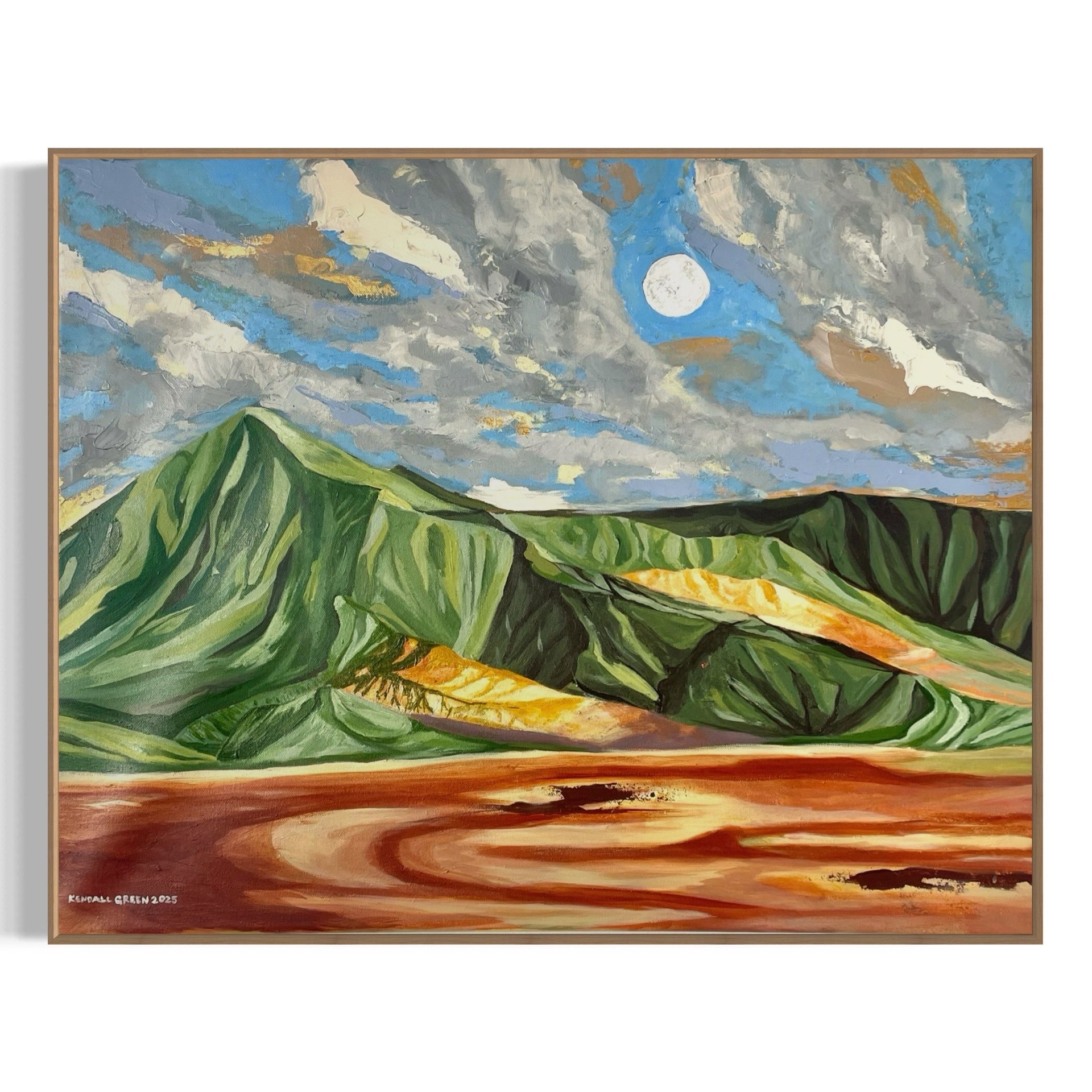 Painting of a landscape with mountains and a moonlit sky.