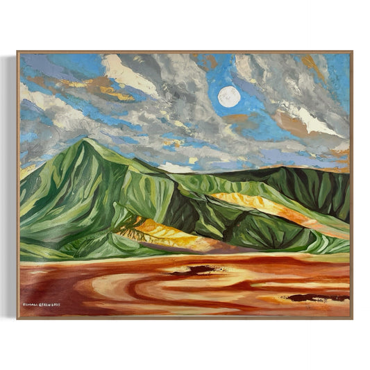 Painting of a landscape with mountains and a moonlit sky.