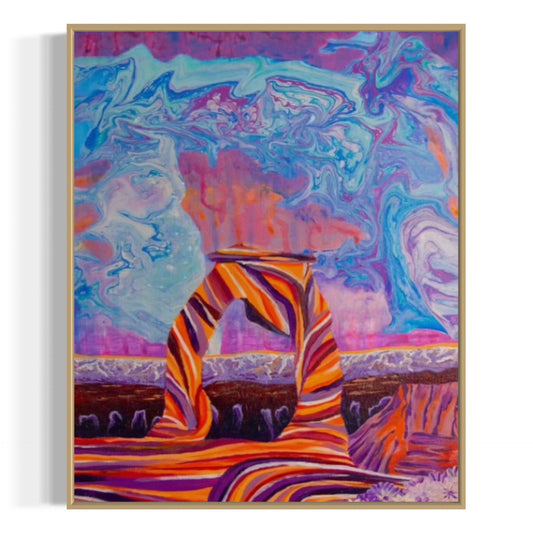 Colorful abstract painting with swirling patterns and striped arches