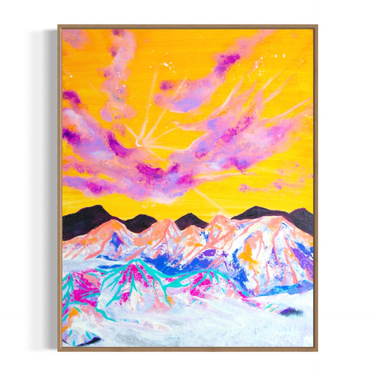 Colorful abstract painting of mountains and sky with a bright yellow background